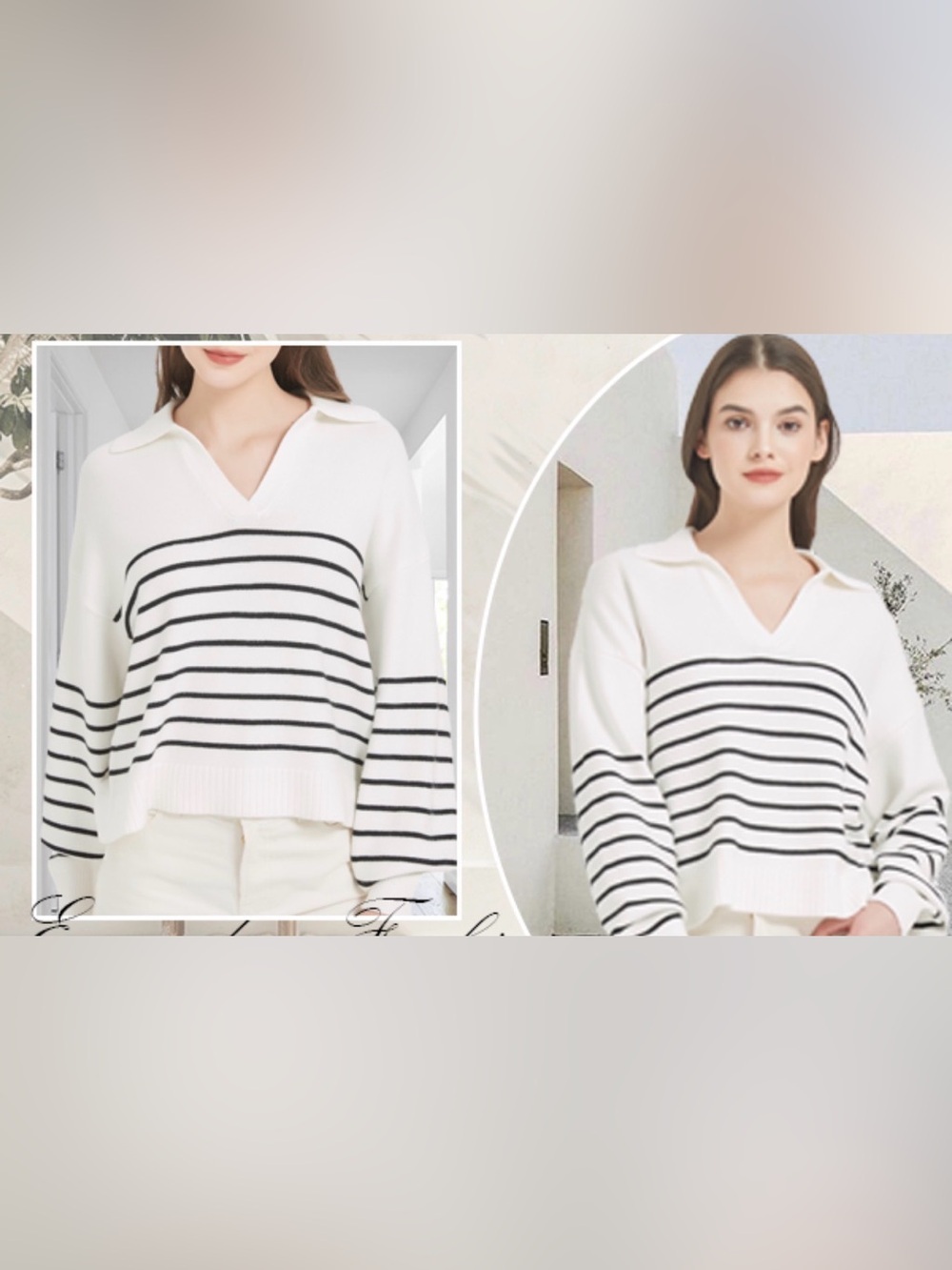 Adrianna Papell White V-Neck Striped Sweater